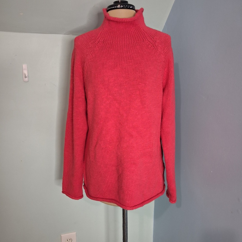 LL Bean Pink Coral Cotton Turtleneck Roll Neck Fisherman Sweater Large Petite